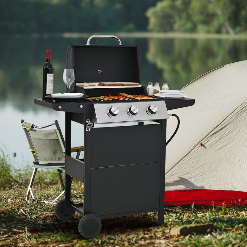 Propane Gas Grill 3 Burner Barbecue Grill, Stainless Steel 26,000 BTU Patio Garden Barbecue Grill with Two Shelves, Lid