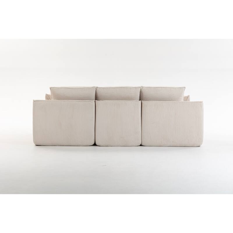 L Shaped Sectional Sofa Corduroy Upholstered Boneless Couches with Movable Footstool, With Three Pillows and Two Lumbar Pillows