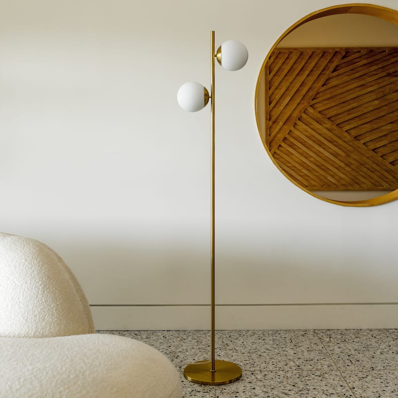 Brightech Sphere 65 in. Antique Brass Modern 2-Light LED Super Bright Floor Lamp with 2 Frosted White Glass Globe Shades