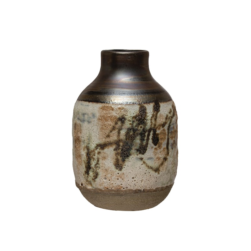 Hand Painted Stoneware Vase - 4.3"L x 4.3"W x 6.3"H - Multi