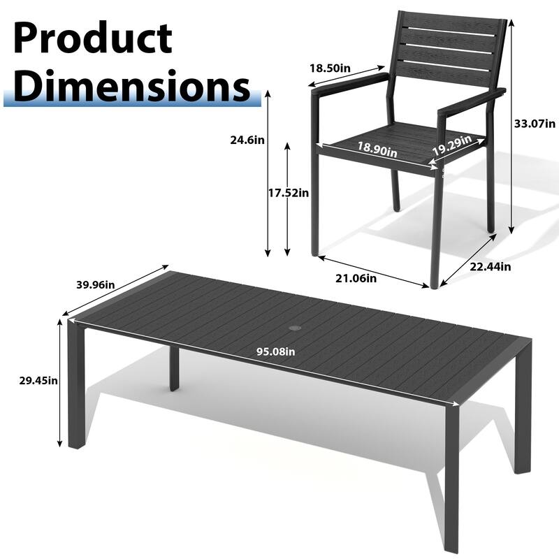11-Piece Outdoor Patio Dining Set Wood Like Table Top Aluminum Rectangular Umbrella Hole Table with Stackable Armrest Chairs