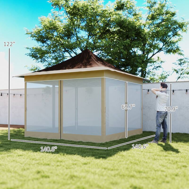 Large Brown Outdoor Adjustable Height Pop-Up Canopy Tent with Mesh Walls and UV Protection - 140.6" L x 140.6" W x 122" H
