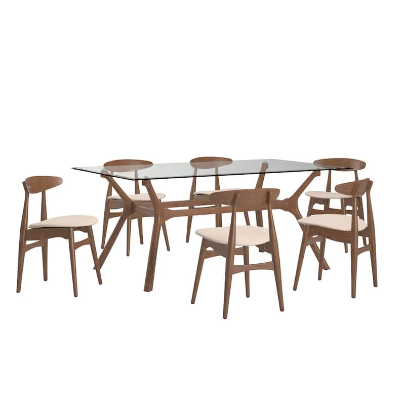 Nadine Dark Walnut Finish Glass Table Top Rectangular Dining Set - Curved Back Chairs by iNSPIRE Q Modern - 7 Piece - Beige
