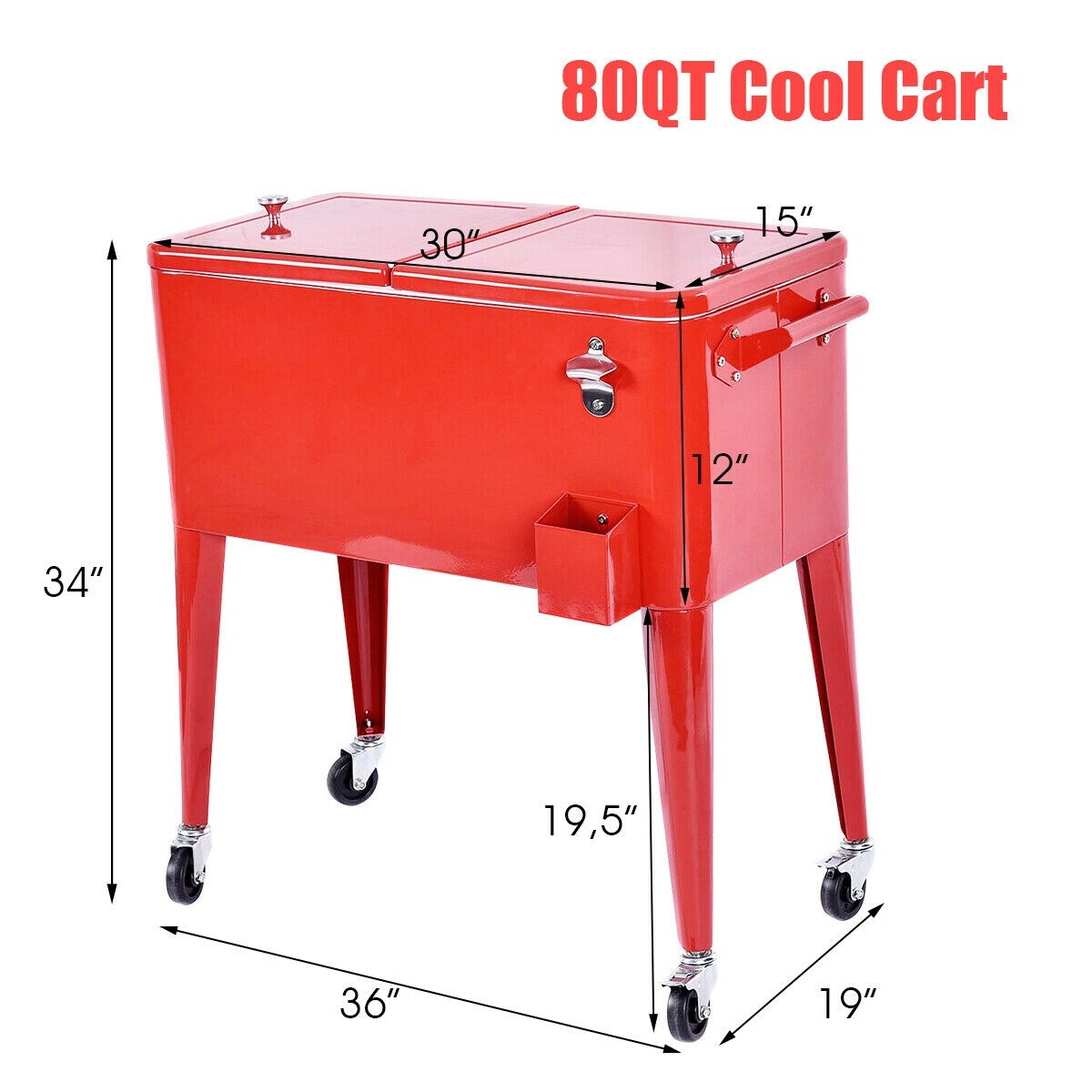 Costway Red Outdoor Patio 80 Quart Cooler Cart Ice Beer Beverage Chest