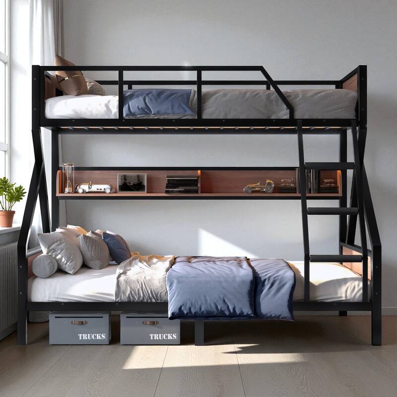 Twin over Full / Twin XL over Queen Metal Bunk Bed with Storage Shelves & LED Lights, Sturdy Noise-Free Space-Saving Design - Black - Queen