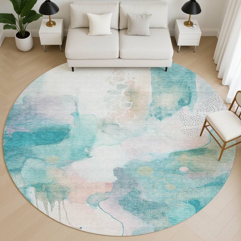 Premium Washable Super Soft Abstract Contemporary Mayfield Rug - Turquoise - 8' x 8'