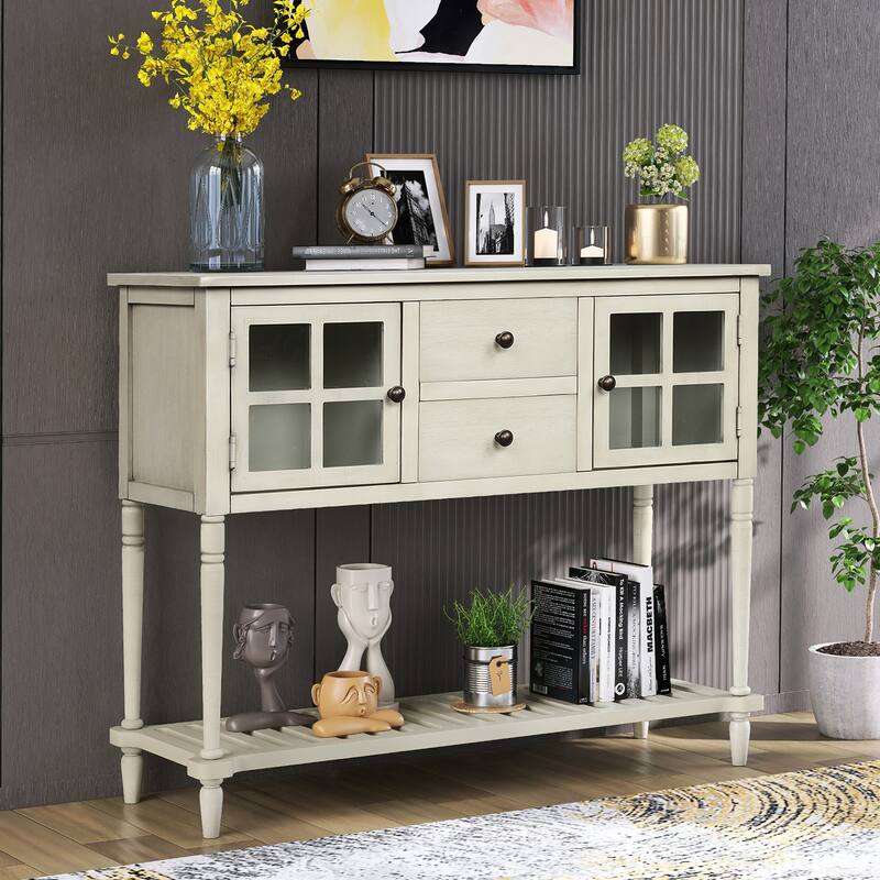 Farmhouse-Style Sideboard Glass Buffet Storage Cabinet, for Dining Rooms, Entryways and Living Rooms, Antique Grey - Grey