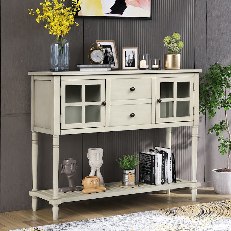 Tempered Glass Doors Console Table, Wood Sideboard with Carved Legs, Bottom Ladder Shelf, Pine Wood Frame - Antique Gray