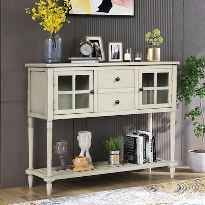 Wood Console Table with Bottom Shelf and Glass Cabinet