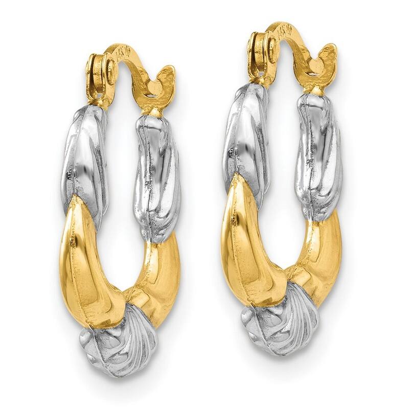 Curata 14k Yellow Gold and Rhodium 3x15mm Scalloped Hoop Earrings