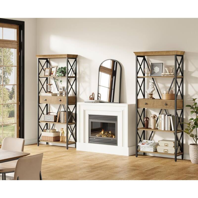 70.9" Wood Bookshelf with Drawers, Open Storage Shelf Bookcase, Living Room Office Bedroom Display Accent Shelf