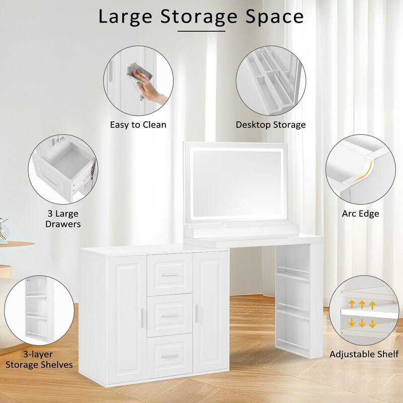 59" White LED Makeup Vanity Desk with Mirror, 3 Drawers & 2 Cabinets, Storage Shelves for Bedroom