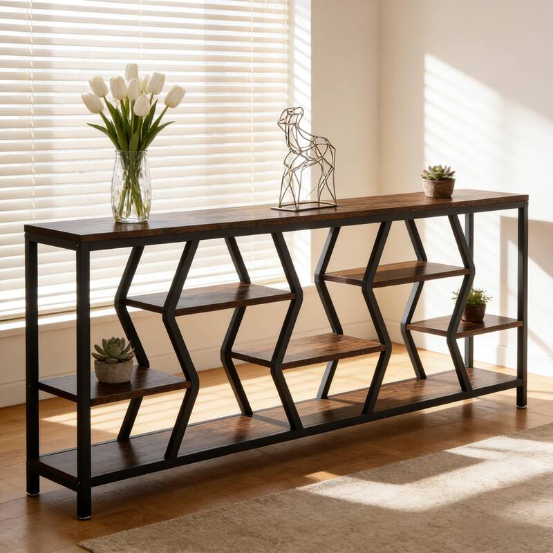 Durable Sofa Table, Convenient Console Table, Generous Storage Hall Table - Black,Rustic Brown