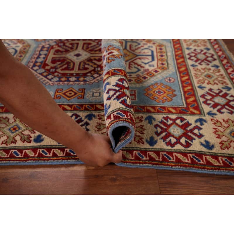 Blue Geometric Kazak Foyer Rug Bedroom Handmade Wool Carpet - 4'1" x 5'10"