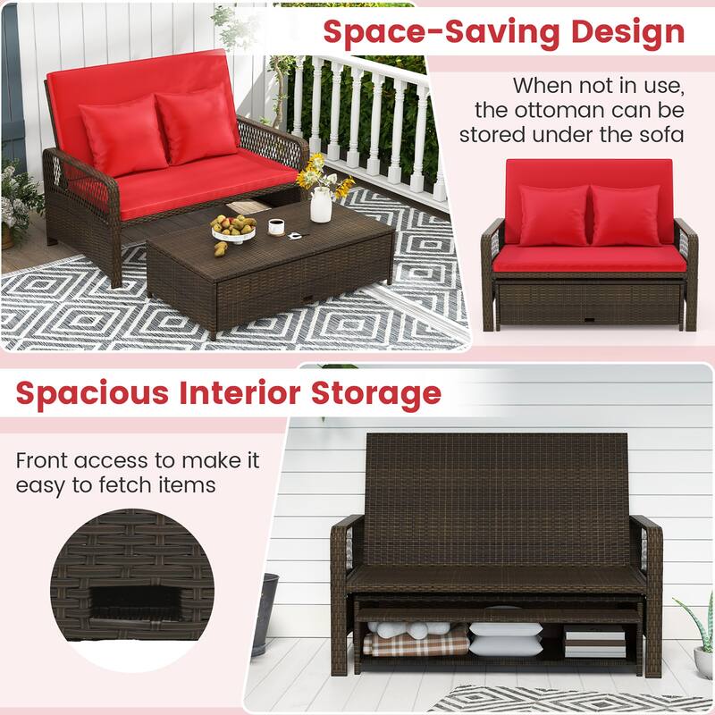 Gymax Patio Rattan Daybed Wicker Loveseat Sofa w/ Multifunctional