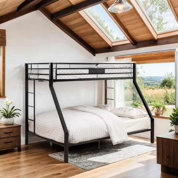 slide 2 of 8, Stylish Twin XL Over Queen Bunk Bed with Sturdy Metal Frame, Slat System, Full-Length Guardrail, and Double Ladder, Black Black