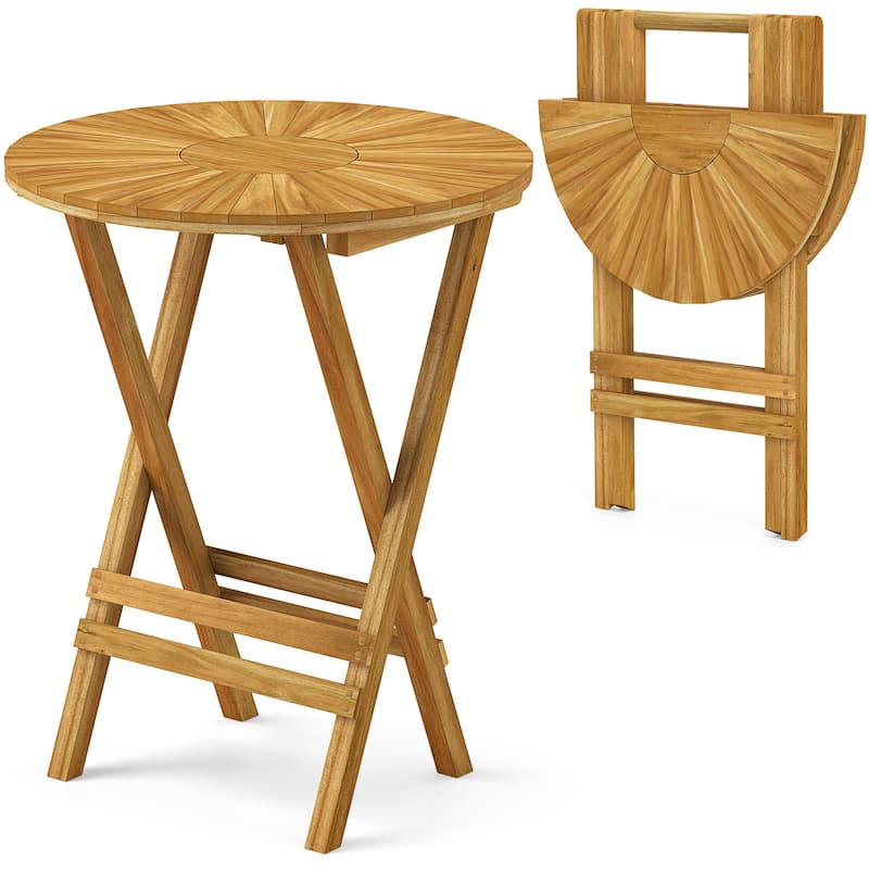 Gymax Patio Folding Side Table 23.5'' Teak Wood Round End Table Fully