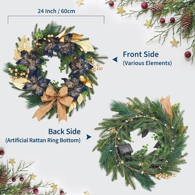 24 Inch Artificial Christmas Wreath with Blue Artificial Flowers