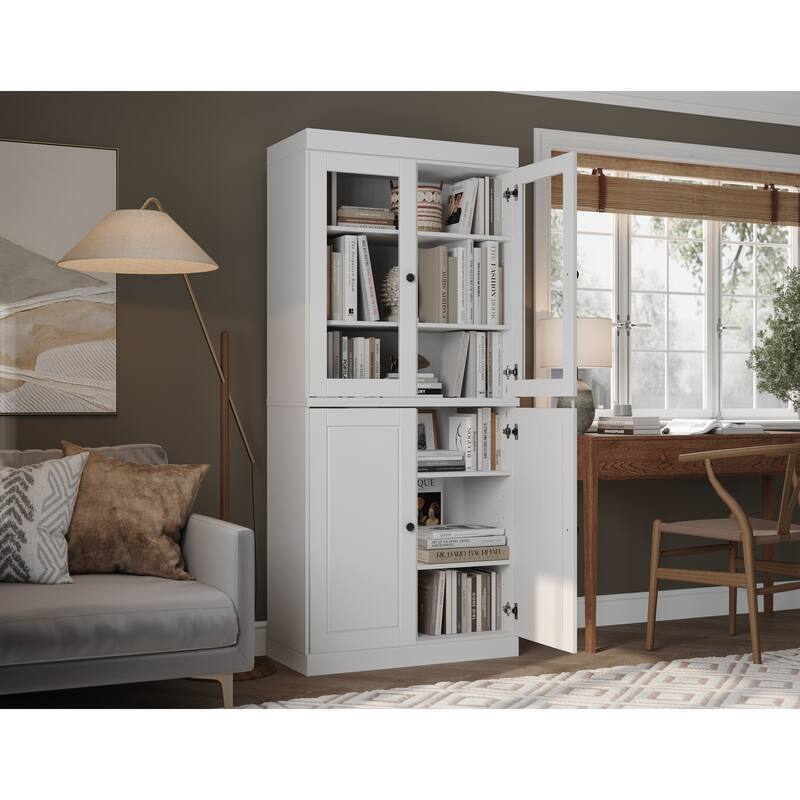 100% Solid Wood 6-Shelf Bookcase with Optional Doors by Palace Imports - 4 Dr Glass/Wood - White