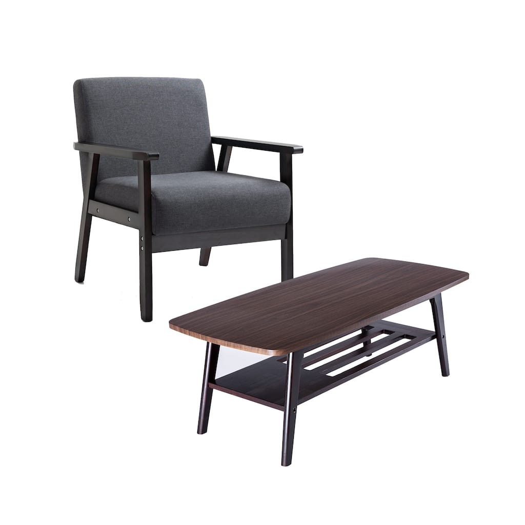 Gala Modern Coffee Table and Chair Set, Bottom Shelf, Padded Seat, Gray