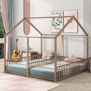Metal Twin Size House-Themed Platform Beds with Dual Bed Design and Protective Guardrails for Families