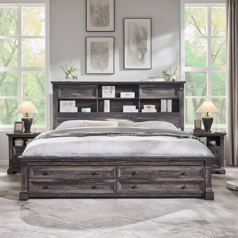 Farmhouse Bed Frame with 54" Tall Storage Bookcase Headboard