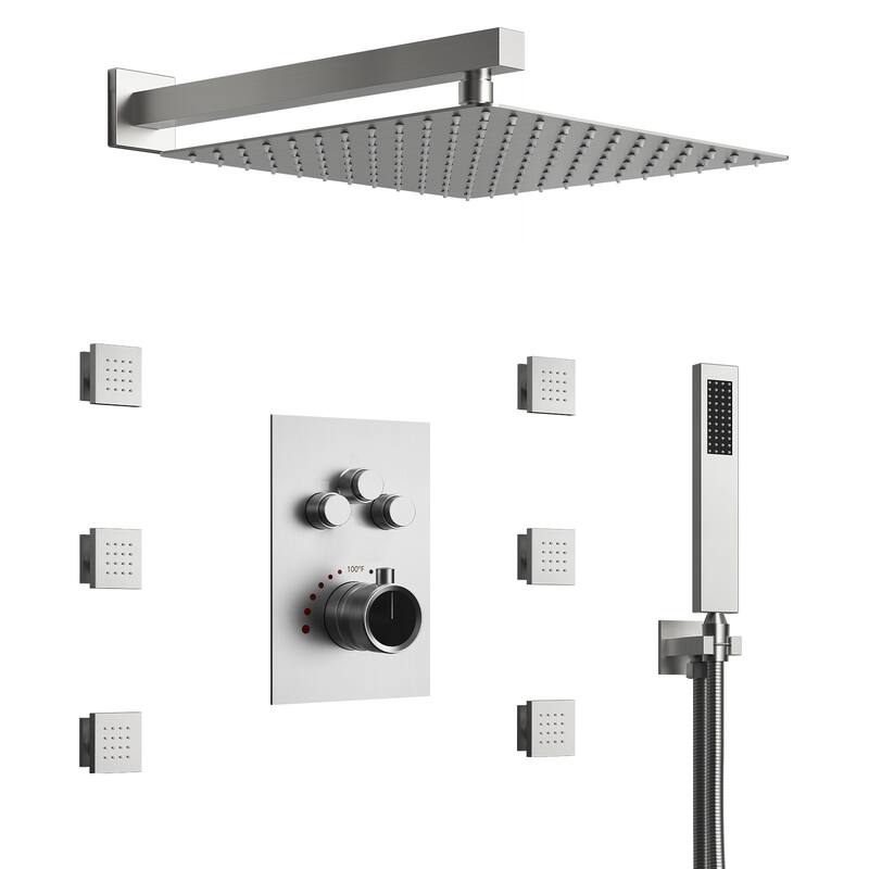 Thermostatic Shower System 12" Rain Shower Head with High Pressure Handheld Spray - Brushed Nickel