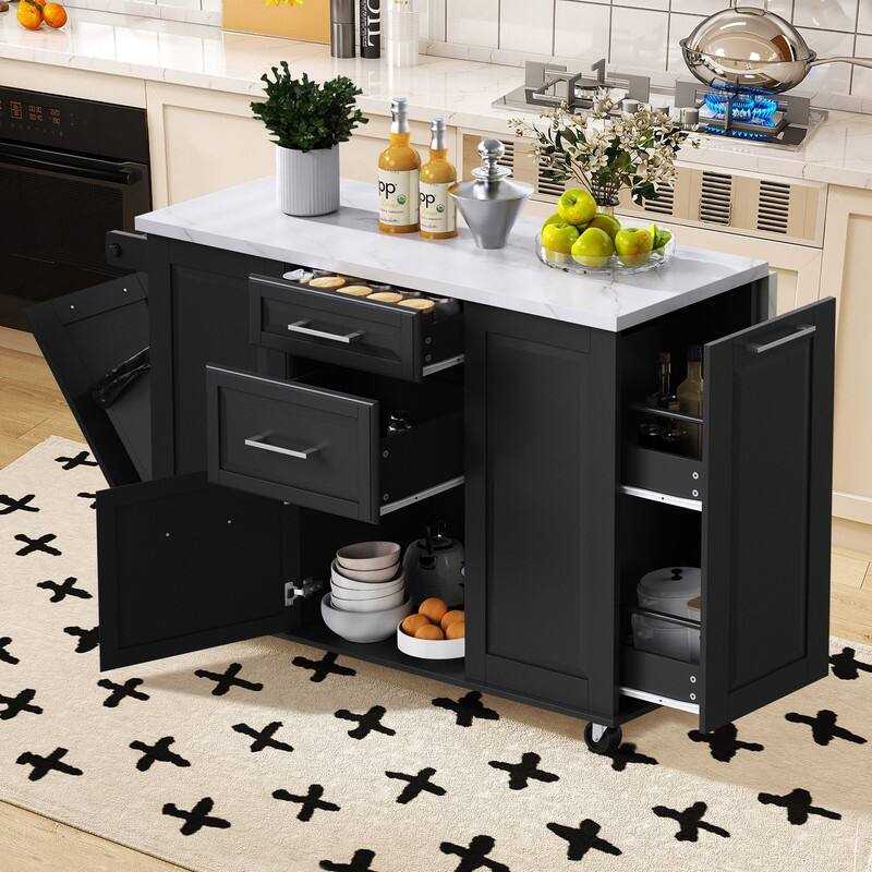 50.7" Kitchen Island with Storage and Concealed Trash Can, Rolling Kitchen Island on 5 Wheels with Drop Leaf, Drawers and Door