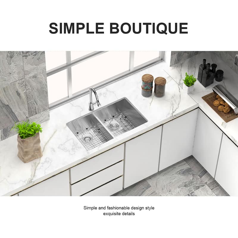 Low-Divide Undermount Double Bowl Stainless Steel Kitchen Sink