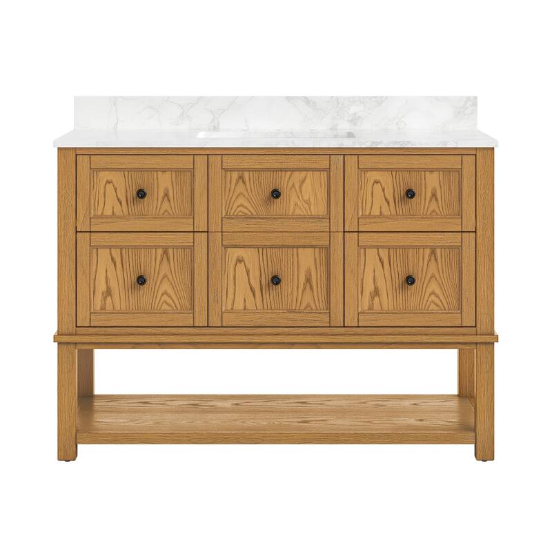 48 Inch Single Bathroom Vanity with 6 Drawers, Marble Top Bathroom Vanity with Sink in White