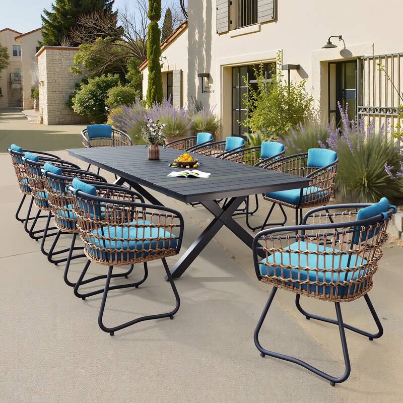 VredHom 11PC Outdoor Patio Aluminum X-Frame Dining Set Table with Rattan Chairs Umbrella Hole