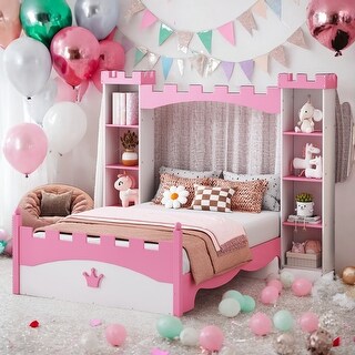 Kids and Baby Castle-Shaped Wooden Twin Size Platform Bed with Storage Shelf