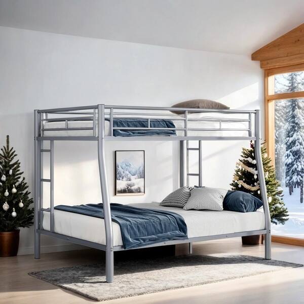 slide 2 of 35, Full XL over Queen Metal Bunk Bed with Ladder and Guardrails, Silver Silver