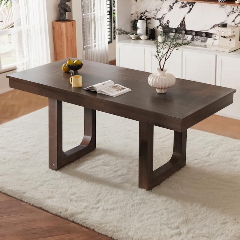 60"-78" Extendable Dining Table with Smooth Rails, Wooden Kitchen Table with Removable Leaf, Double U-Shape Base