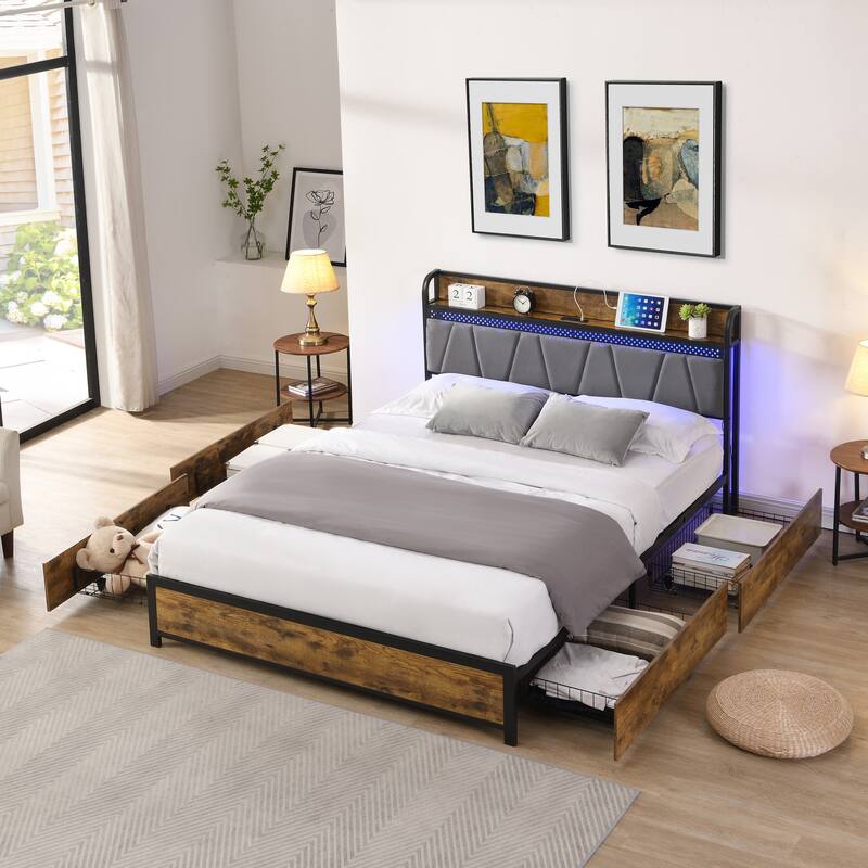 King Size Bed Frame with Storage Headboard, USB Charging, LED Lights, and 4 Drawers - Black+Brown+Grey