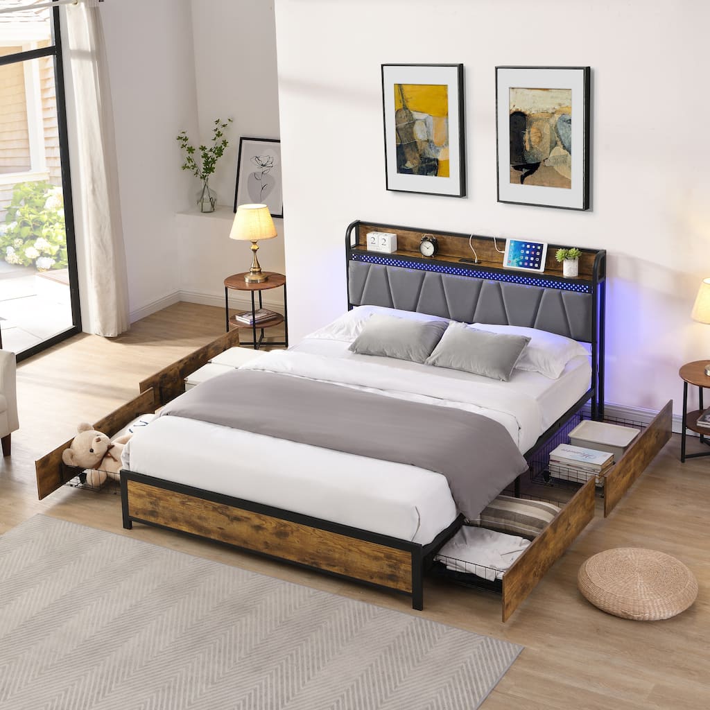 Queen Size Bed Frame with Storage Headboard, USB Charging, LED Lights & 4 Drawers