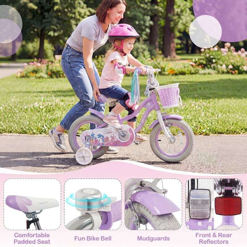 Gymax 12'' Kids Bike w/Training Wheels Hand Coaster Brakes Adjustable - Purple