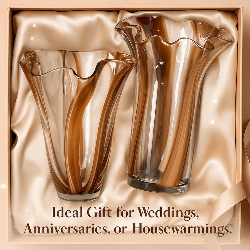 Set of Two Handblown Striped Chocolate Brown Vases