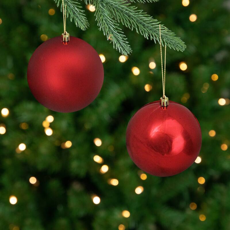 Shatterproof 4-Finish Christmas Ball Ornaments - 4" (100mm) - Red - 12ct