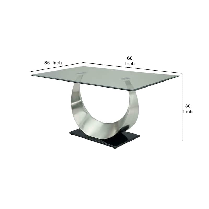 Metal and Glass Dining Table with Unique U Shape Pedestal Base, Chrome and Black