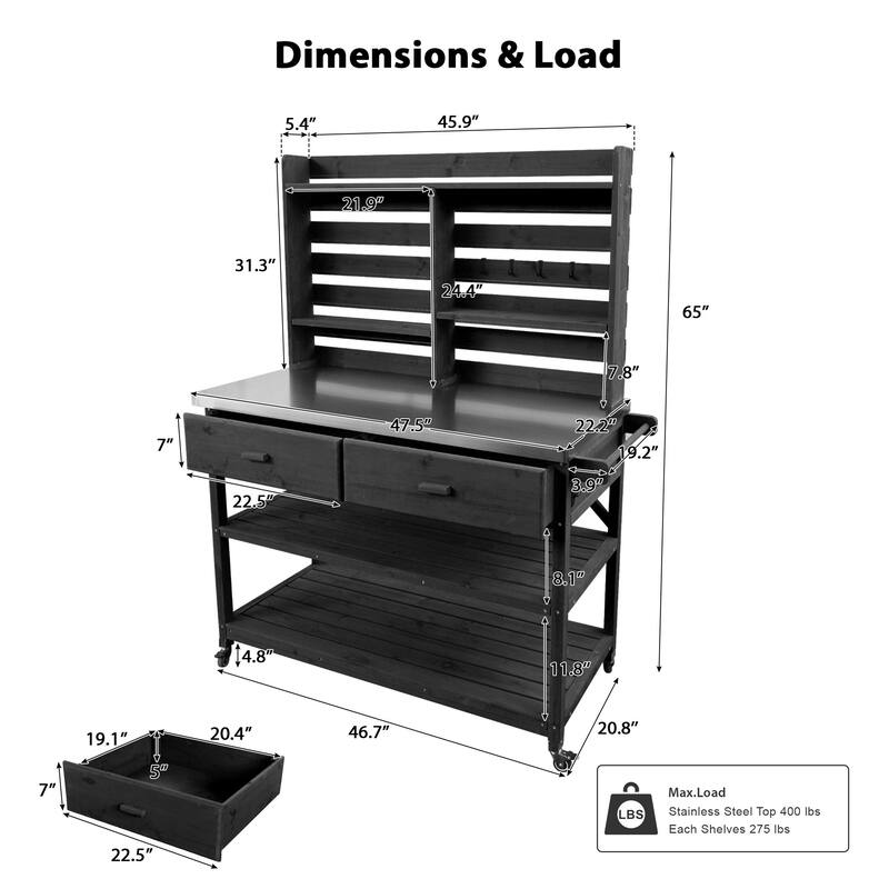 Roomfitters 64.9" Outdoor Potting Bench & Kitchen Island with Stainless Steel Top, Propane Rack & Lockable Wheels, Black
