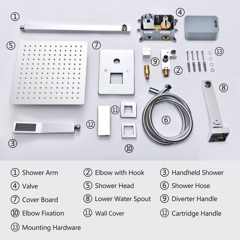 12inch Square Rainfall Shower Head With Three Modes Bed Bath
