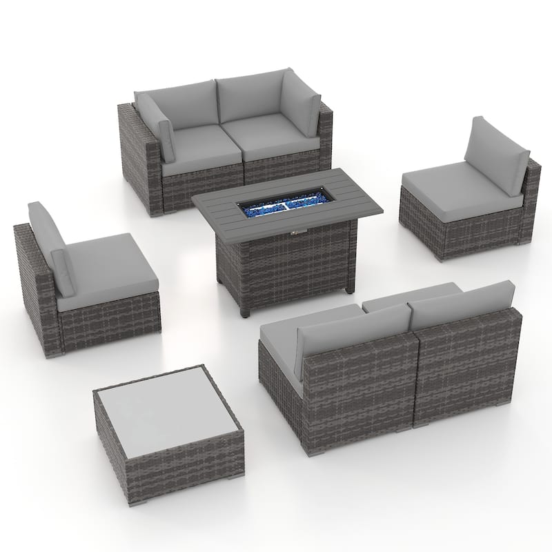 Outdoor 8 Pieces Sectional Wicker Sofa Set with Fire Pit