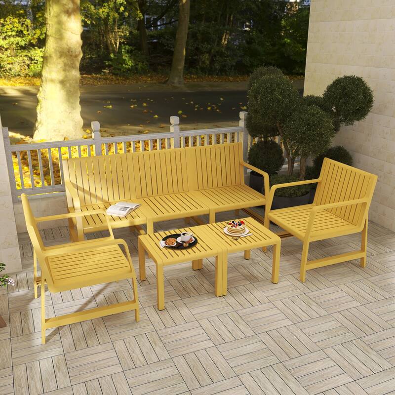 BNK Five-Piece Indoor/Outdoor PP Furniture Set, 3-Seater Sofa, 2 Chairs & 2 Coffee Tables, Easy Assembly Patio Conversation Set - Brick Yellow