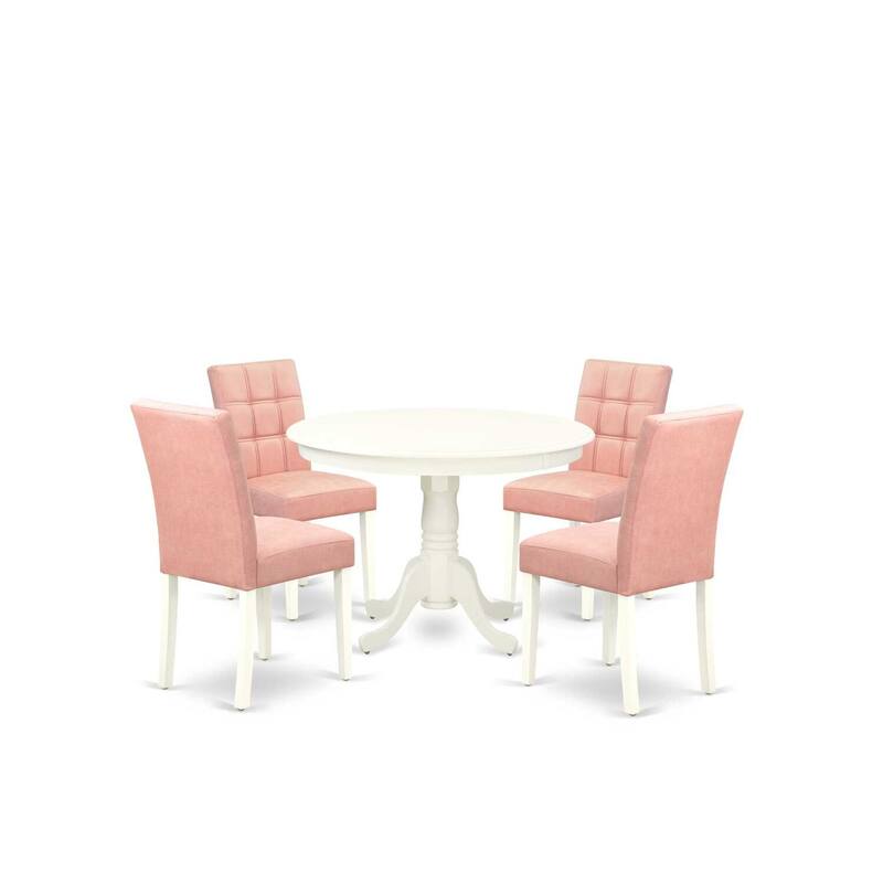Modern 5 Piece Kitchen Table Set - Round Pedestal Dining Table & 4 Chairs - Linen White