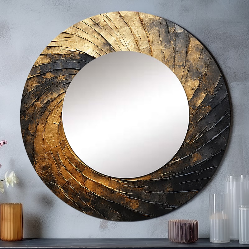 Designart "Gold Black Spiral Poteries I" abstract spirals Living Room Mirror - gold Modern Round Mirror