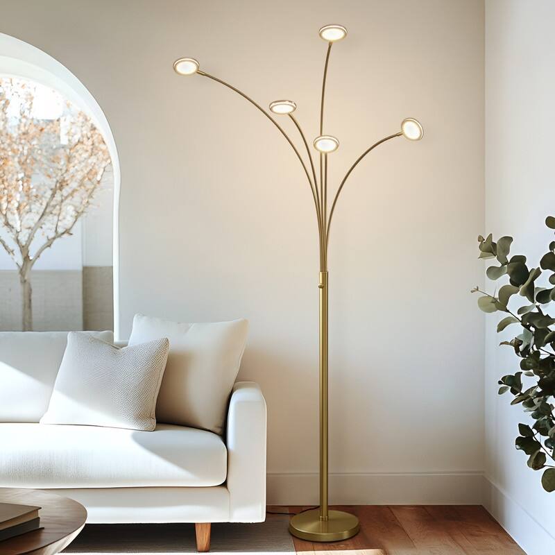 Brightech Orion 70 in. Antiqued Brass Contemporary Modern 5-Light LED Super Bright Floor Lamp with 5 Adjustable Swing Arm Heads