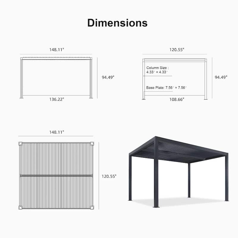 PURPLE LEAF Gray Louvered Pergola Outdoor Aluminum Pergola with Adjustable Roof for Patio Grey Hardtop Gazebo