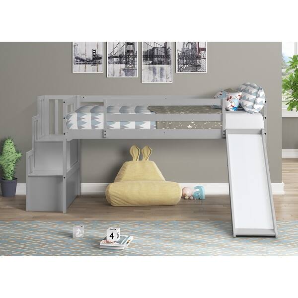 slide 2 of 6, Twin Low Loft Bed with Slide & Storage Stairs, Wooden Twin Size Bedframe with Full-Length Safety Guardrails & Under Bed Storage
