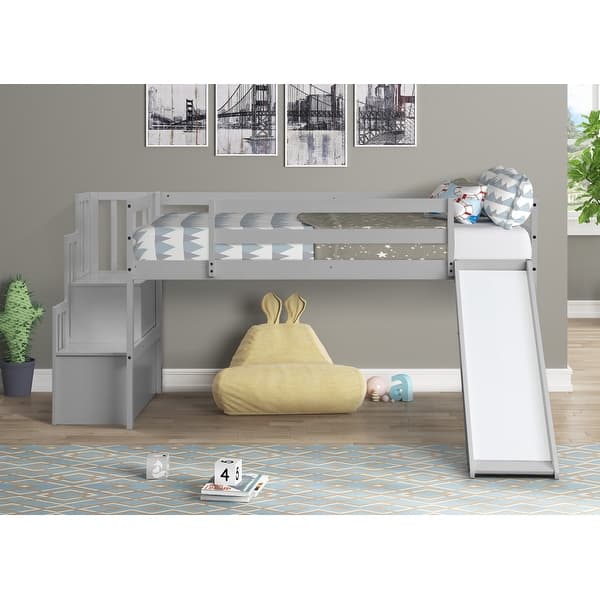 slide 2 of 13, Versatile Twin Wood Loft Kids Bed with Slide,Ladder,Guardrail Grey